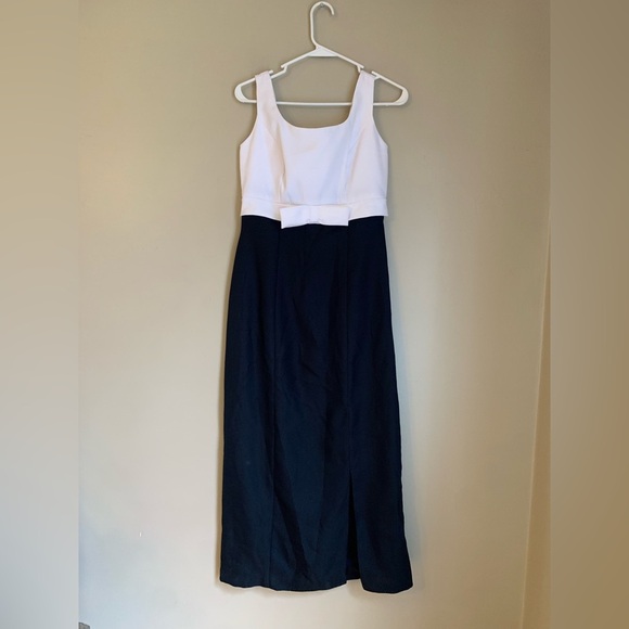 vintage Black Dress white trim bow  long maxi tuxedo classic 80’s 90’s - Picture 1 of 9